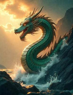 Primary subject: A large green dragon with a fierce expression, standing on a rocky surface with water and clouds in the background.

Setting/background: The dragon is standing on a rocky surface, with water and clouds in the background. The scene appears to be a digital art or illustration.

Visual style: The image is a digital art or illustration, featuring a large green dragon as the main subject.

Colors and mood: The dominant colors in the image are green and blue,